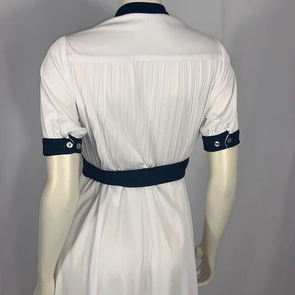 Vintage White Navy Half Button Short Sleeve Dress with Tie Waist Belt Size Mediu - Picture 9 of 15